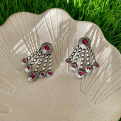 Silver-Plated Ruby Stone Studded Drop Earrings