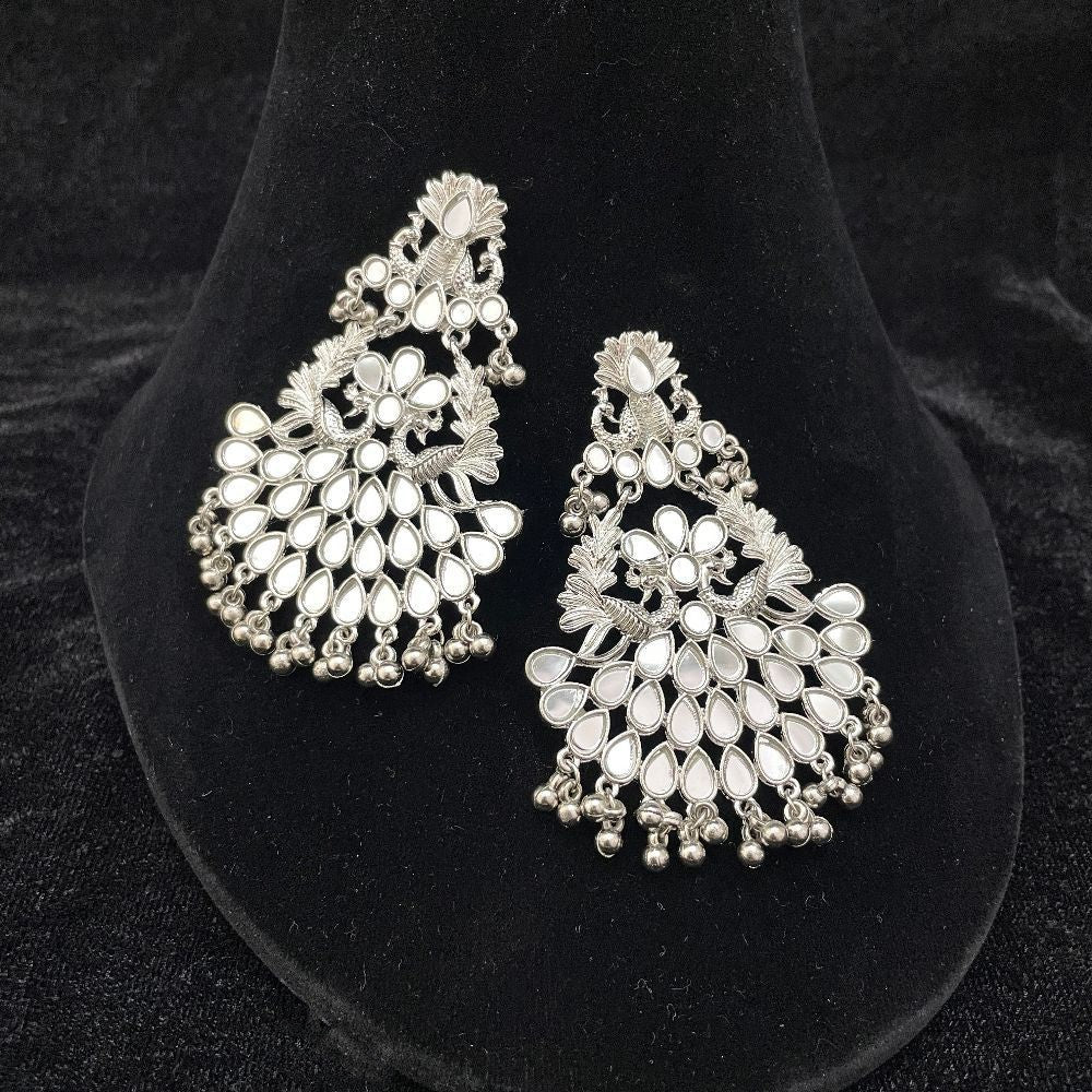 Silver-Toned Mirror Work Peacock Design Earrings