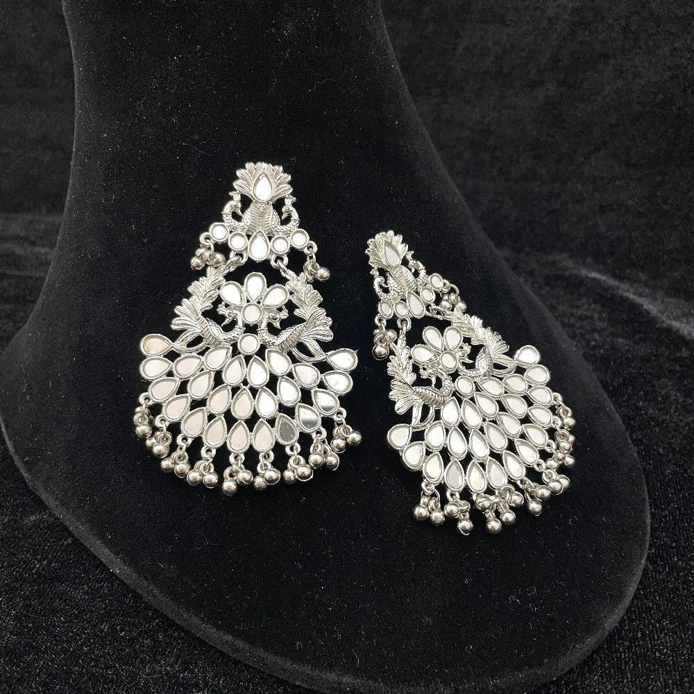 Silver-Toned Mirror Work Peacock Design Earrings
