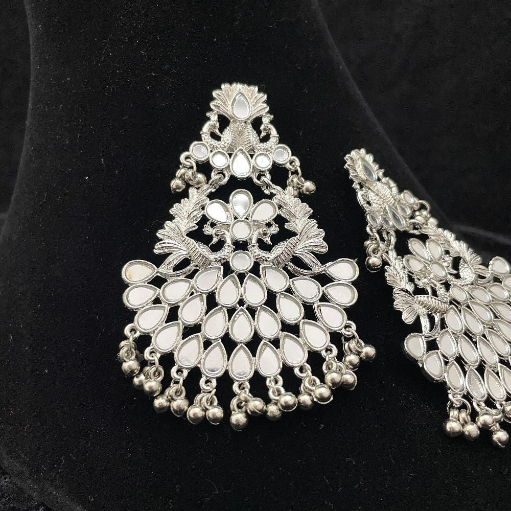 Silver-Toned Mirror Work Peacock Design Earrings