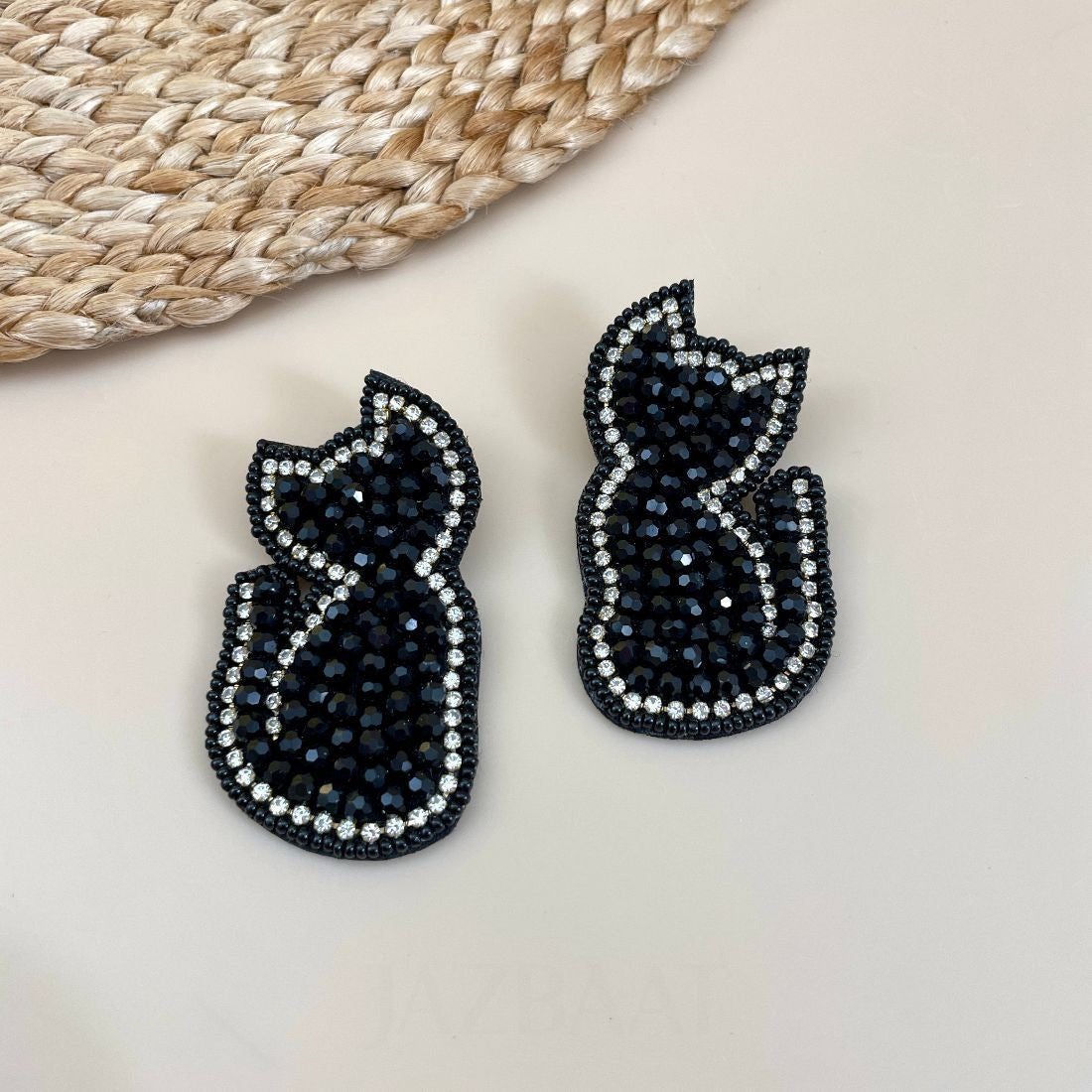Stone-Studded Handmade Quirky Black Cat Earrings